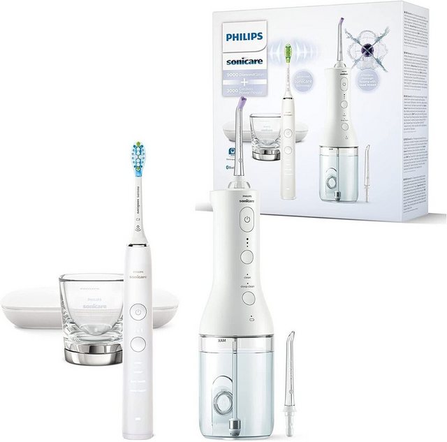 Philips Elektrische Zahnbürste HX3866/41 Combo Pack Schallzahnbürste & Power Flosser weiß, DiamondClean 9000 + Flosser 3000