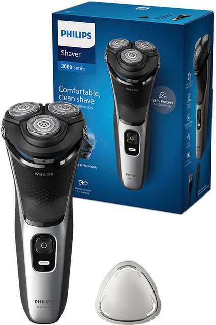 Der Philips Shaver 3000 Series elektrische Nass- und Trockenrasierer S3143/00 ermöglicht selbst bei empfindlicher Haut eine saubere und angenehme Rasur. Seine flexiblen Scherköpfe sind 5-dimensional beweglich