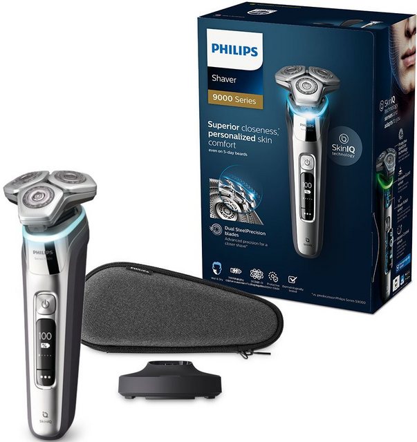 Der Philips Shaver series 9000 elektrische Nass- und Trockenrasierer S9985/35 bietet eine gründliche und hautschonende Rasur. Hierfür verfügt er über selbstschärfende Hochleistungsklingen sowie eine SkinGlide Hautkomfort-Beschichtung