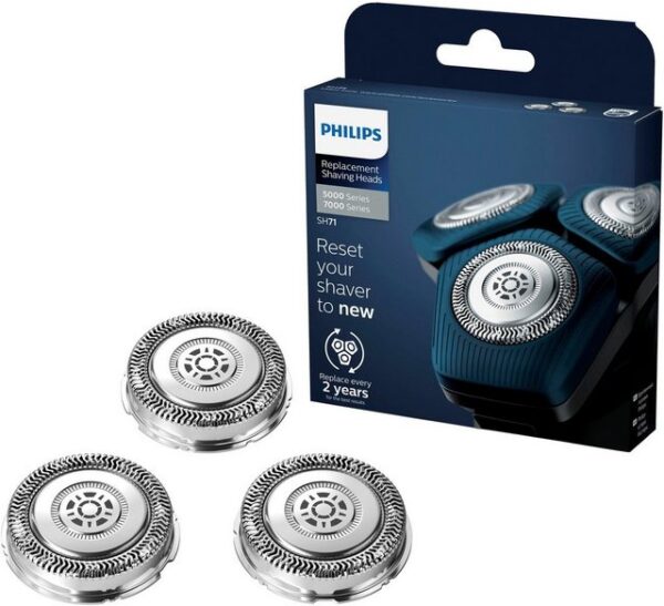 Die Philips Ersatz-Scherköpfe SH71/50 sorgen für eine optimale Leistung des Rasierers. Kompatibel sind sie mit allen Philips Rasierern der Series 7000 sowie der abgewinkelten Produktreihe 5000. Mit den selbstschärfenden SteelPrecision Hochleistungsklingen lassen sich die Barthaare besonders präzise und schnell schneiden. Gleichzeitig sind die Klingen sanft zur Haut. Die Scherköpfe zeichnen sich durch eine einfache Bedienung aus und lassen sich ganz leicht austauschen. Für eine leistungsstarke Rasur und den Schutz der Haut sollten die Philips Ersatz-Scherköpfe SH71/50 alle zwei Jahre gewechselt werden. Der einfache Wechsel der 45 selbstschärfenden Klingen ist im Handumdrehen erledigt.