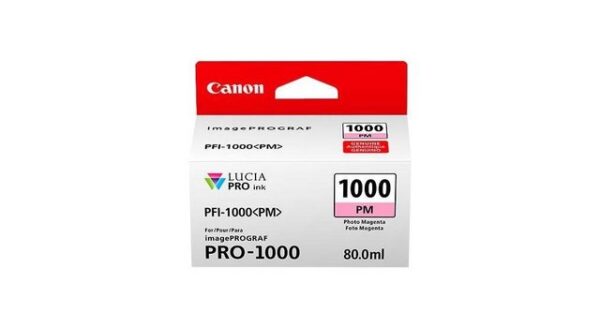 Allgemein   Hersteller   Canon   Herst. Art. Nr.  0551C001   EAN   4549292046496   Hauptmerkmale   Produktbeschreibung   Canon PFI-1000 PM - Photo Magenta - Original - Tintenbehälter   Produkttyp   Tintenbehälter   Drucktechnologie   Tintenstrahl   Druckfarbe   Photo Magenta ( pigmentiert )   Kapazität   Bis zu 3755 Seiten   Patronenmerkmale   Canon LUCIA PRO   Kompatibel mit   imagePROGRAF PRO-1000   Verbrauchsmaterial  Verbrauchsmaterialtyp   Tintenbehälter   Drucktechnologie   Tintenstrahl   Farbe   Photo Magenta ( pigmentiert )   Kapazität   Bis zu 3755 Seiten   Patronenmerkmale   Canon LUCIA PRO