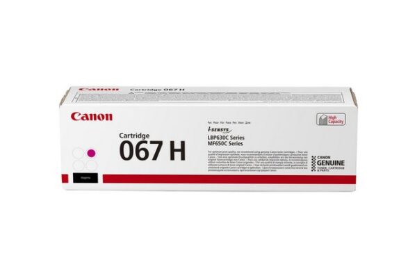 Allgemein   Hersteller   Canon   Herst. Art. Nr.  5104C002   EAN   4549292187625   Hauptmerkmale   Produktbeschreibung   Canon 067 H - mit hoher Kapazität - Magenta - original - Tonerpatrone   Produkttyp   Tonerpatrone   Drucktechnologie   Laser   Druckfarbe   Magenta   Patronenleistung   Mit hoher Kapazität   Ergiebigkeit   Bis zu 2350 Seiten ISO/IEC 19798   Kompatibel mit   I-SENSYS MF651Cw   Verbrauchsmaterial  Verbrauchsmaterialtyp   Tonerpatrone   Drucktechnologie   Laser   Farbe   Magenta   Patronenleistung   Mit hoher Kapazität   Ergiebigkeit   Bis zu 2350 Seiten ISO/IEC 19798