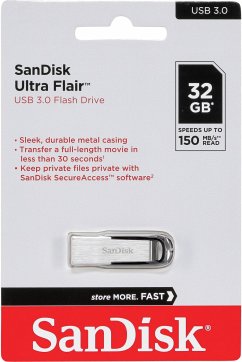 SanDisk Ultra Flair USB 3.0 Flash-LaufwerkEigenschaften:Kapazität: 32 GBSchnittstelle: USB-A 3.0 abwärtskompatibel mit USB 2.0)Sequenzielles Lesen: Bis zu 150 MB/sAbmessungen (L x B x H): 6