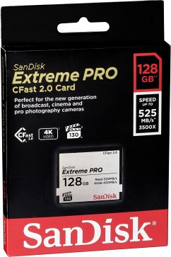 SanDisk Extreme Pro CFast 2.0Eigenschaften:Kapazität: 128 GBLesegeschwindigkeit: bis zu 525 MB/sSchreibgeschwindigkeit: bis zu 450 MB/sFormfaktor: CFast 2.0Hinweis: Dieser Artikel kann nur an eine deutsche Lieferadresse ausgeliefert werden.