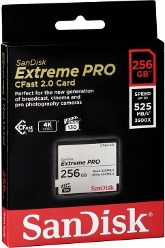 SanDisk Extreme Pro CFast 2.0Eigenschaften:Kapazität: 256 GBLesegeschwindigkeit: bis zu 525 MB/sSchreibgeschwindigkeit: bis zu 450 MB/sFormfaktor: CFast 2.0Hinweis: Dieser Artikel kann nur an eine deutsche Lieferadresse ausgeliefert werden.