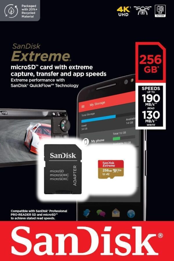 Kurzinfo: SanDisk Extreme - Flash-Speicherkarte (microSDXC-an-SD-Adapter inbegriffen) - 256 GB - A2 / Video Class V30 / UHS-I U3 / Class10 - microSDXC UHS-I Gruppe Flash-Speicher Hersteller SanDisk Hersteller Art. Nr. SDSQXAV-256G-GN6MA Modell Extreme EAN/UPC 0619659188504 Produktbeschreibung: SanDisk Extreme - Flash-Speicherkarte - 256 GB - microSDXC UHS-I Produkttyp Flash-Speicherkarte Formfaktor microSDXC UHS-I Speicherkarte Speicherkapazität 256 GB Geschwindigkeit A2 / Video Class V30 / UHS-I U3 / Class10 Enthaltener Speicheradapter microSDXC-an-SD-Adapter Software inbegriffen SanDisk RescuePRO Deluxe