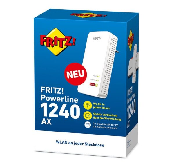 große Reichweite und hohe Datendurchsätze für bandbreitenintensive Anwendungen bei gleichzeitig moderatem Energieverbrauch.   Mit Wi-Fi 6 perfekt für WLAN Mesh   Im WLAN Mesh übernimmt FRITZ!Powerline 1240 AX sämtliche WLAN-Einstellungen der FRITZ!Box