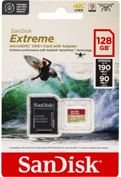 SanDisk microSDXC 128 GB Extreme A2 C10 V30 UHS-I U3Eigenschaften:Typ: micro SDXCKapazitat: 128 GBIdeal für z.B. Aktion-Kameras