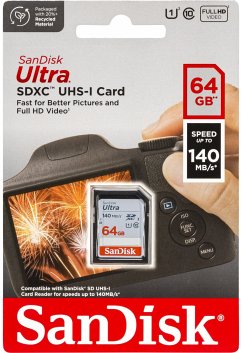 SanDisk Ultra SDXC-UHS-I-KarteEigenschaften:Kapazität: 64 GBSequenzielles Lesen: bis zu 140 MB/sKompatibel mit SDHC-/SDXC- und SDHC-I-/SDXC-I-fähigen GerätenWasserdicht