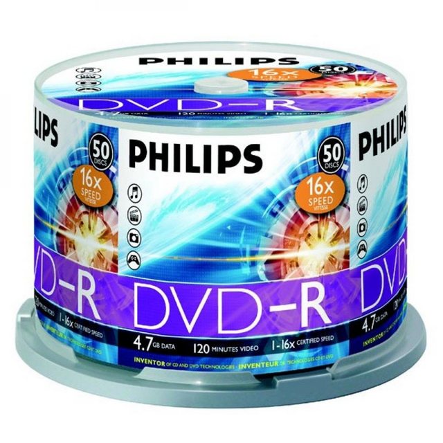 Philips DVD-Rohling DVD-R 4,7 GB Philips 16x Speed in Cakebox 50 Stück