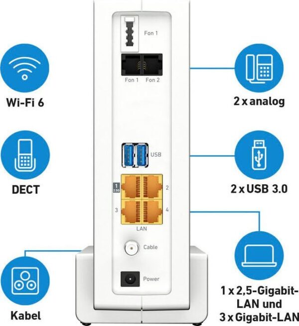 USB 3.0 und die DECT-Basis für schnurlose Telefonie und Smarthome-Anwendungen komplettieren das vielseitige Kommunikationsangebot.