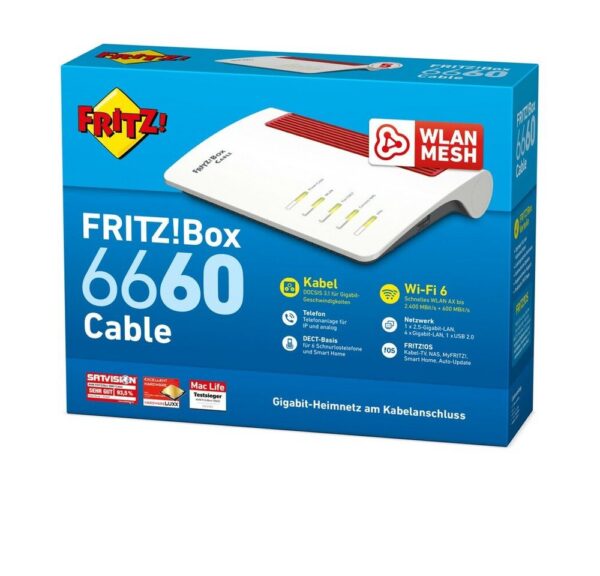 5-Gigabit-LAN ist die FRITZ!Box 6660 Cable für Gigabit-Geschwindigkeiten am Anschluss ausgelegt und für alle Kabelanbieter geeignet.Innovatives Wi-Fi 6 (WLAN AX) für ein Heimnetz mit vielen WLAN-EndgerätenDer neue Standard Wi-Fi 6 trägt der stetig wachsenden Zahl an WLAN-Geräten Rechnung. Von Smartphones über Tablets