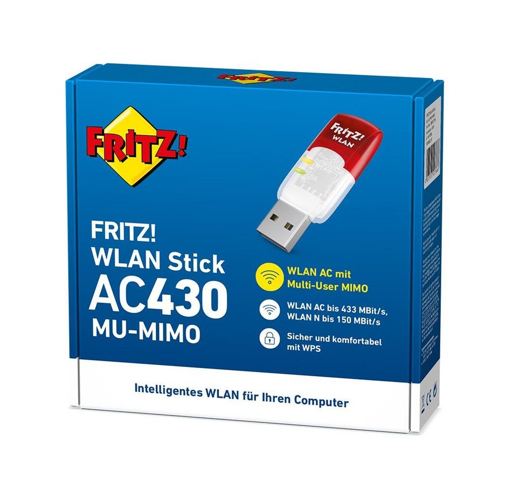 AVM WLAN-Dongle FRITZ!WLAN Stick AC 430 MU-MIMO, bis zu 433 MBit/s, Dualband, 2,4-GHz, 5-GHz, WPA2