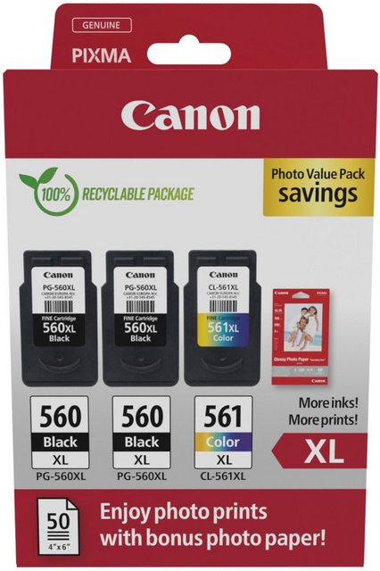 Hersteller: CanonHerstellernummer: 3712C012EAN: 8714574680484Typ: TintenpatroneModell: 2x PG-560 XL BK / CL-561 XL tri-color Photo Value Pack inkl. FotopapierLieferumfang:2x PG-560L black