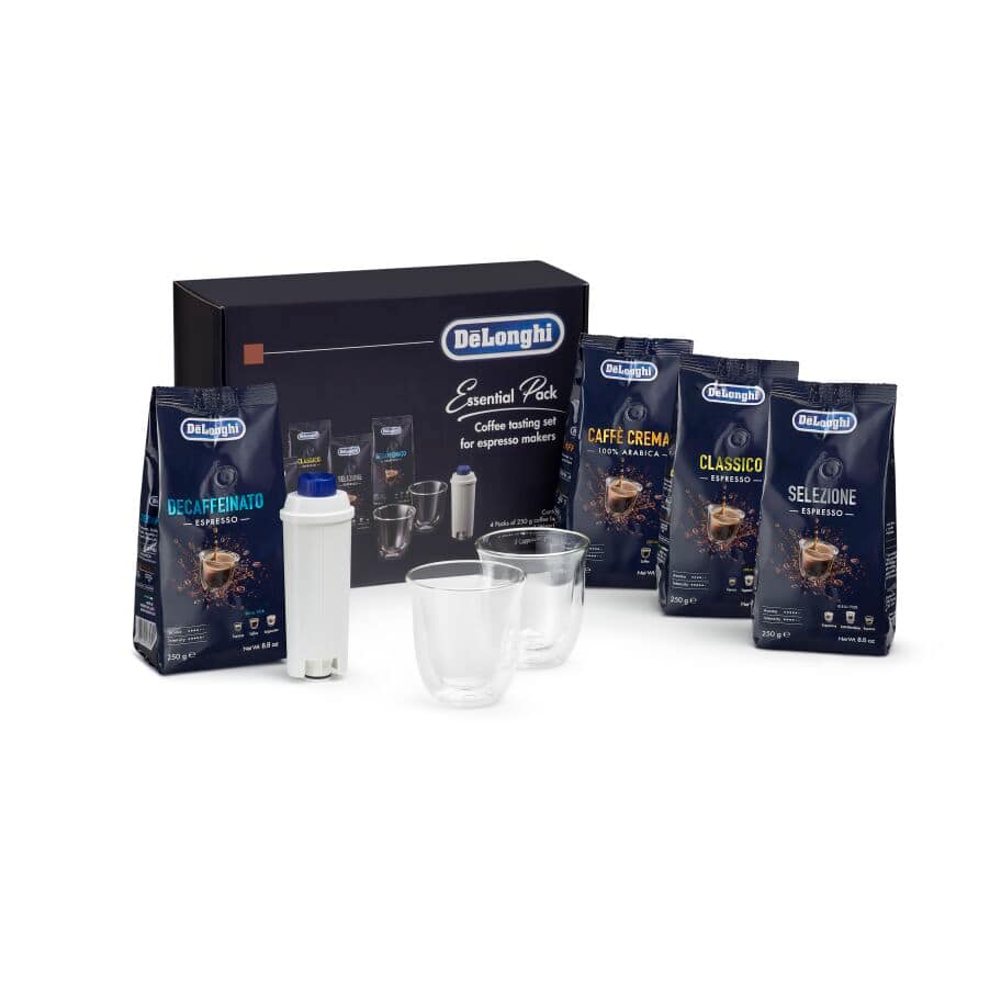 De’Longhi DLSC317 Essential Pack mit De’Longhi Kaffeebohnen 4 x 250g 2 CappuccinoGläsern und Wasserfilter