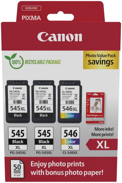 Hersteller: CanonHerstellernummer: 8286B015EAN: 8714574680040Typ: TintenpatroneModell: 2x PG-545 XL BK / CL-546 XL tri-color Photo Value Pack inkl. FotopapierLieferumfang:2x PG-545L black