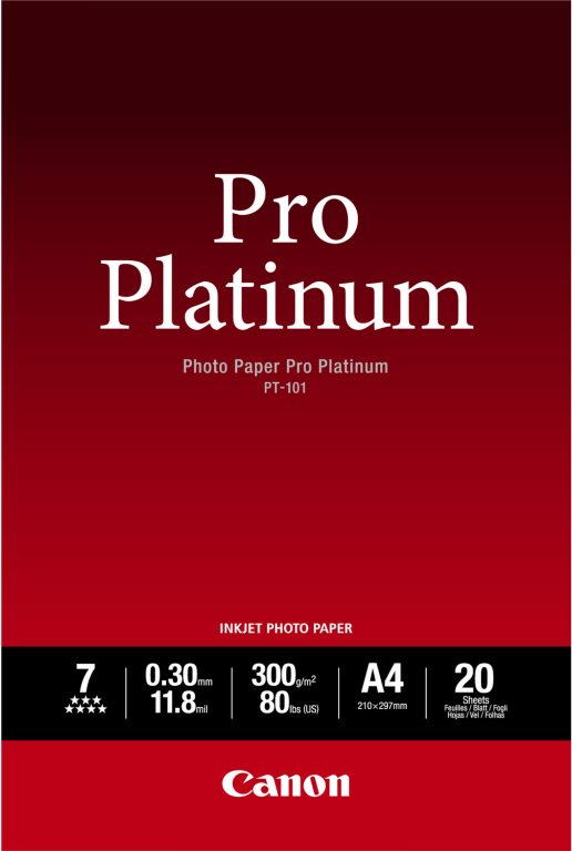 Canon Pro Platinum PT-101 – Hochglanz-Fotopapier, schwer – 300 Mikron A2 (420 x 594 mm) – 300 g/m2 – 20 Blatt (2768B067AA)