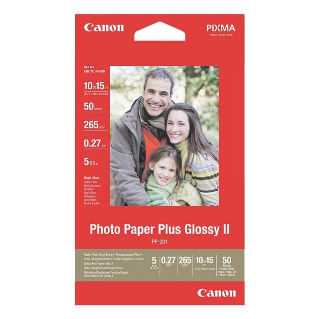 Canon Fotopapier Glossy Plus II, Format 10×15 cm, hochglänzend, 265 g/m², 50 Blatt