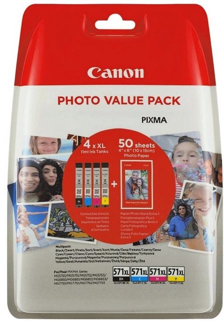 Canon 4 Druckerpatronen CLI-571 XL BK / C / M / Y Multipack inkl. Fotopapier Tintenpatrone