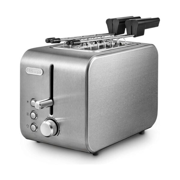 De Longhi 550W Stahltoaster - CTX2203ST2-Scheiben-Toaster Ausgestattet mit: -Herausnehmbares Krümelfach -2 Zangen Bedienelemente: -Vergoldungssteuerung -Auftauen -Erhitzen -Abbrechen -Leistung: 550 W -Spannung: 220-240 V -Frequenz: 50/60 Hz