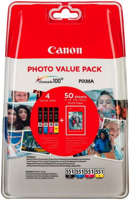 Canon 4 Canon Tinte CLI-551 BK / C / M / Y Multipack inkl. Fotopapier Tintenpatrone