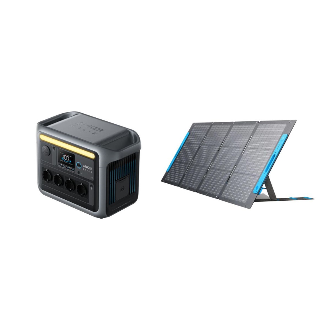 Die Vorteile des Anker SOLIX C1000 + 531 Solarpanel (200W) im Überblick:   Tragbare Powerstation mit 1056Wh Kapazität Immer einsatzbereit mit bis zu 2400W Neun Anschlüsse Smarte App-Steuerung Praktisches und robustes Design Saubere Sonnenenergie Jederzeit Energie für unterwegs