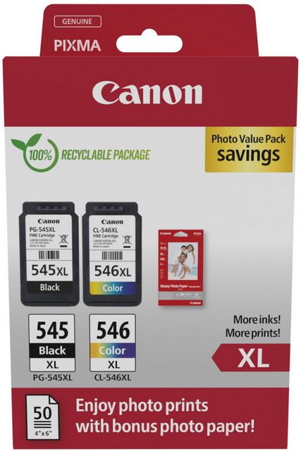 Hersteller: CanonHerstellernummer: 8286B011EAN: 8714574679983 Typ: TintenpatroneModell: PG-545 XL BK / CL-546 XL tri-color Photo Value Pack inkl. Fotopapier  Lieferumfang:  1x PG-545L black