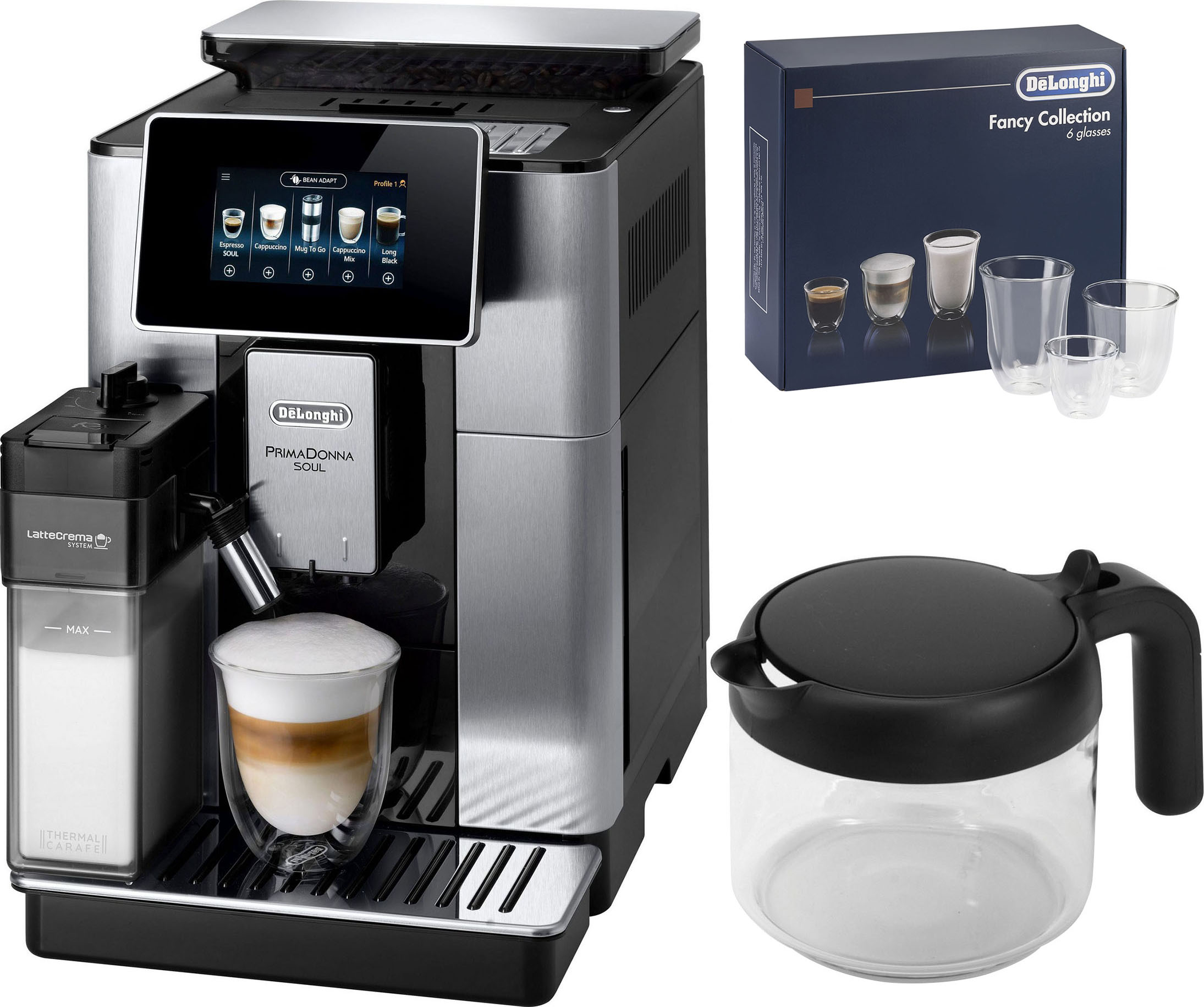 DeLonghi Kaffeevollautomat „PrimaDonna Soul ECAM 610.75.MB“, inkl. Kaffeekanne im Wert von UVP € 29,99 + Gläser-Set UVP € 46,90