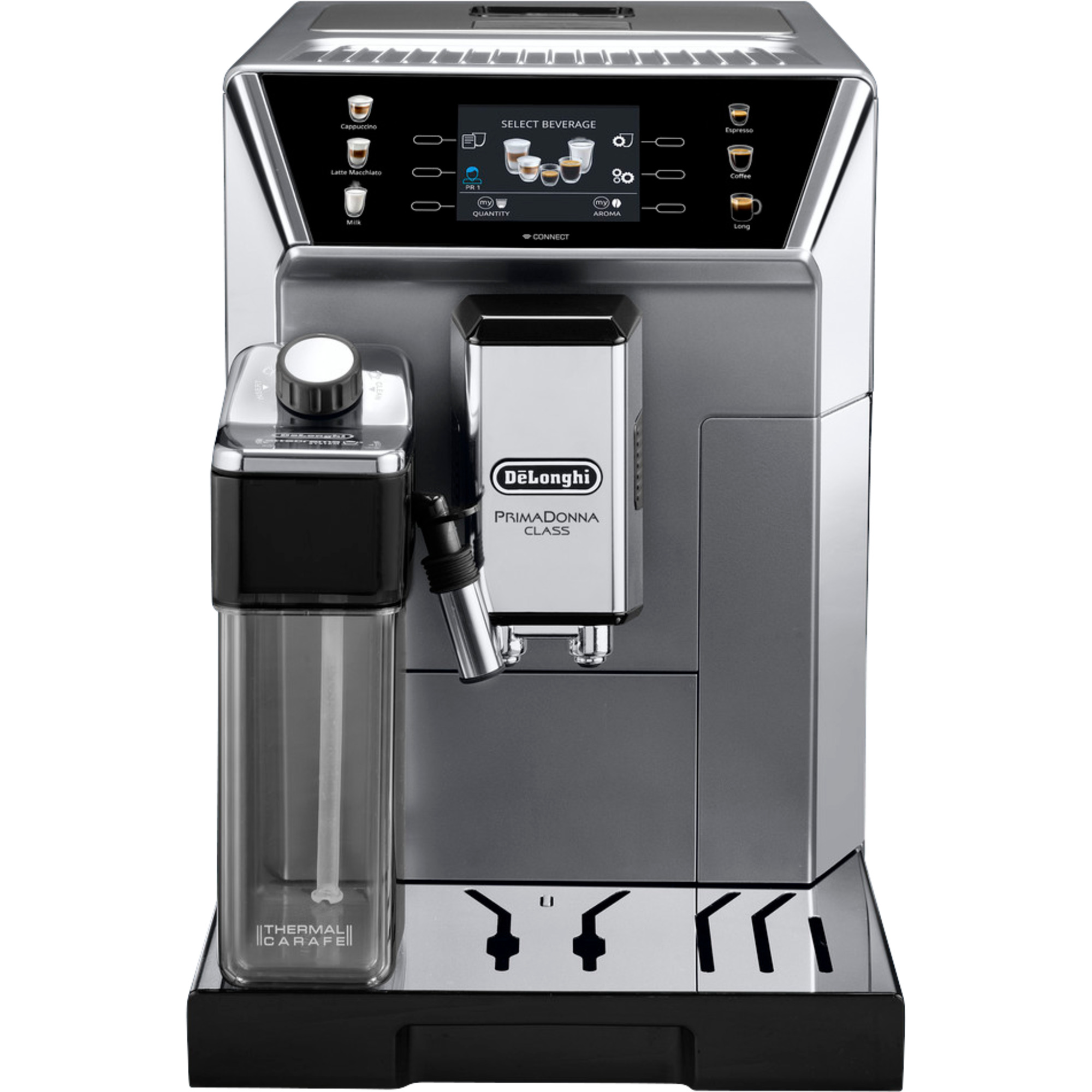 Der PrimaDonna Class ECAM 550.85.MS von DeLonghi ist ein Kaffeevollautomat der Extraklasse. Der Automat ist sehr leicht zu bedienen. Man wählt Getränke ganz einfach auf dem intuitiven Touchscreen-Display aus und kombiniert es mit der Coffee Link App zur Pe