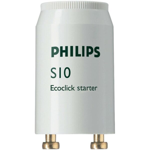 5 Stück - Philips - S10 Starter S10 Starter für Leuchtstofflampen 4 bis 65 Watt in Einzelschaltung/Einzelbetrieb Ecoclick Starter sind umweltfreundlicher Glimmstarter für den Betrieb von Ecoclick Starter sind umweltfreundlicher Glimmstarter für den Betrieb von Leuchtstoff-/Kompaktleuchtstofflampen am elektromagnetischen Vorschaltgerät. Technische Daten - Philips - S10 Starter - 5 Stück