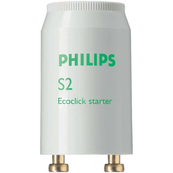 10 Stück - Philips - S2 Starter S2 Starter für Leuchtstofflampen 4 bis 22 Watt in Reihenschaltung/Tandembetrieb Ecoclick Starter sind umweltfreundlicher Glimmstarter Ecoclick Starter sind umweltfreundlicher Glimmstarter für den Betrieb von Leuchtstoff-/Kompaktleuchtstofflampen am elektromagnetischen Vorschaltgerät. Technische Daten - Philips - S2 Starter - 10 Stück