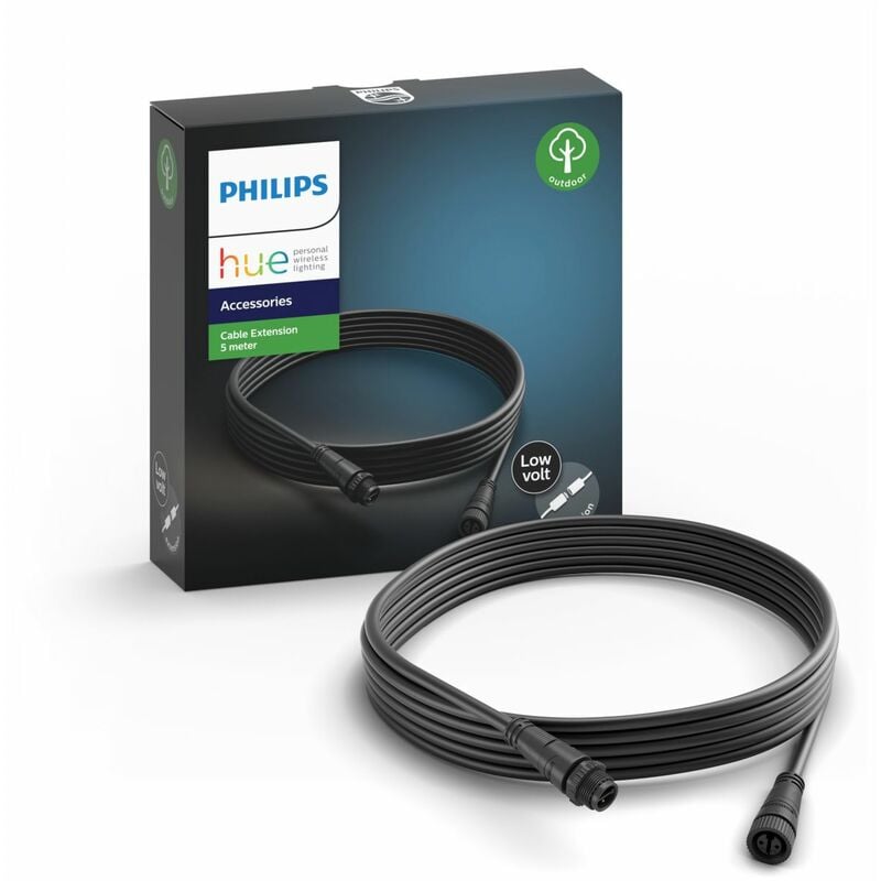 Mit dem 5 Meter langen Verlängerungskabel von Philips Hue können Sie den Abstand Ihrer Philips Hue Außenbeleuchtung und dem Netzteil auf bis zu 35 Meter verlängern. Das Kabel kann zwischen dem Netzteil und der ersten Leuchte oder beliebig zwischen mehreren Leuchten angeschlossen werden. Farbe: schwarz Material: Syntherik Maße: 500 x 2 cm (L x Ø) Spannung: 220-240V