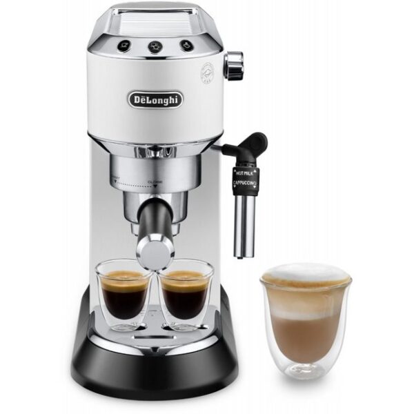 Die DeLonghi EC 685.W Dedica Style Siebträgermaschine in mattem Weiß ist ein Muss für Liebhaber traditioneller italienischer Kaffeespezialitäten. Mit erhöhtem Druck entsteht die charakteristische haselnussbraune Crema. Die professionelle Milchaufschäumdüse ermöglicht die Zubereitung von Cappuccino und Latte Macchiato. Die elektronische Temperaturkontrolle und die schnelle Aufheizzeit von 40 Sekunden sorgen für zuverlässige Leistung. Das zeitlose Design mit Matt-Finish und das schmale Design machen die EC 685.W zu einem Blickfang. Mit einem lackierten Vollmetallgehäuse