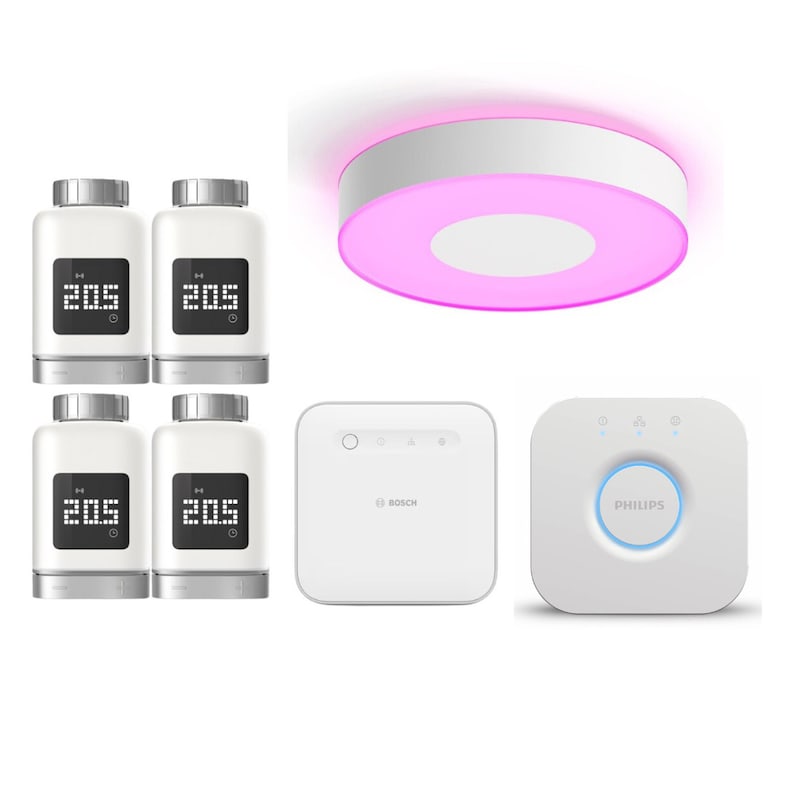 Philips Hue Infuse Deckenleuchte L + Bridge & Bosch Smart Home 4x Thermostat II + Controller II