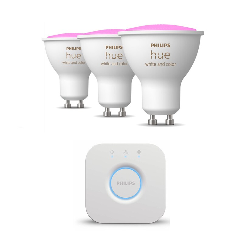 Philips Hue White & Color Amb. GU10 350lm 3er Pack + Bridge V2