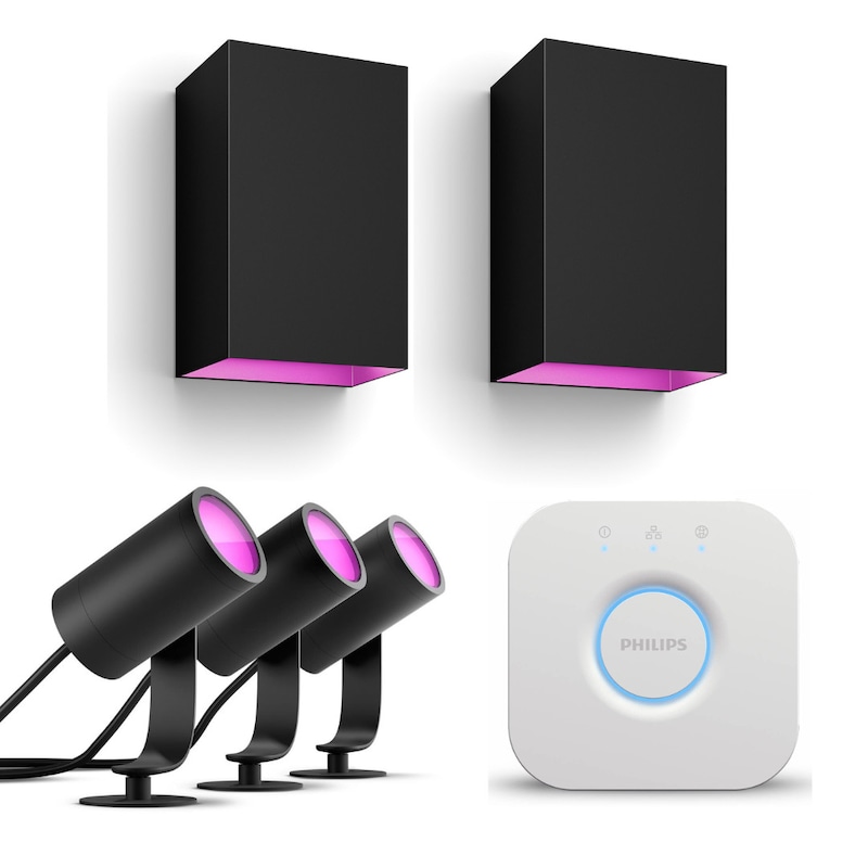 Philips Hue Starter Set Outdoor Lily Spot schwarz • 3er Pack + 2 x Resonate Wandleuchte + Bridge V2