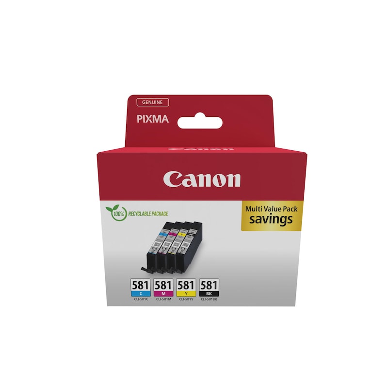 • Canon CLI581 Tintenpatrone Multipack (2103C006) • Farbe: Fotoschwarz / Schwarz / Cyan / Magenta / Gelb • Reichweite: ca. 200 Seiten (PGBK + C/M/Y) • Kompatibel zu: PIXMA TS6150 / TS6151 / TS8150 / TS8151 / TS8152 • TS9150 / TS9155 / TR7550 / TR8550