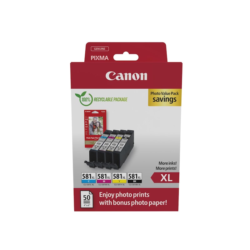 • Canon CLI581 XL Tintenpatrone Multipack (2078C006) + Fotopapier • Farbe: Schwarz / Cyan / Magenta / Gelb • Kompatibel zu: PIXMA TS6150 / TS6151 / TS8150 / TS8151 / TS8152 • TS9150 / TS9155 / TR7550 / TR8550