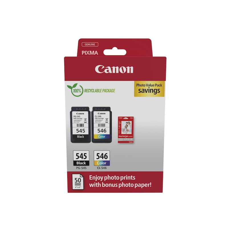 Canon PG-545 / CL-546 Druckerpatronen Multipack + Fotopapier Vorteilspaket (8287B008)