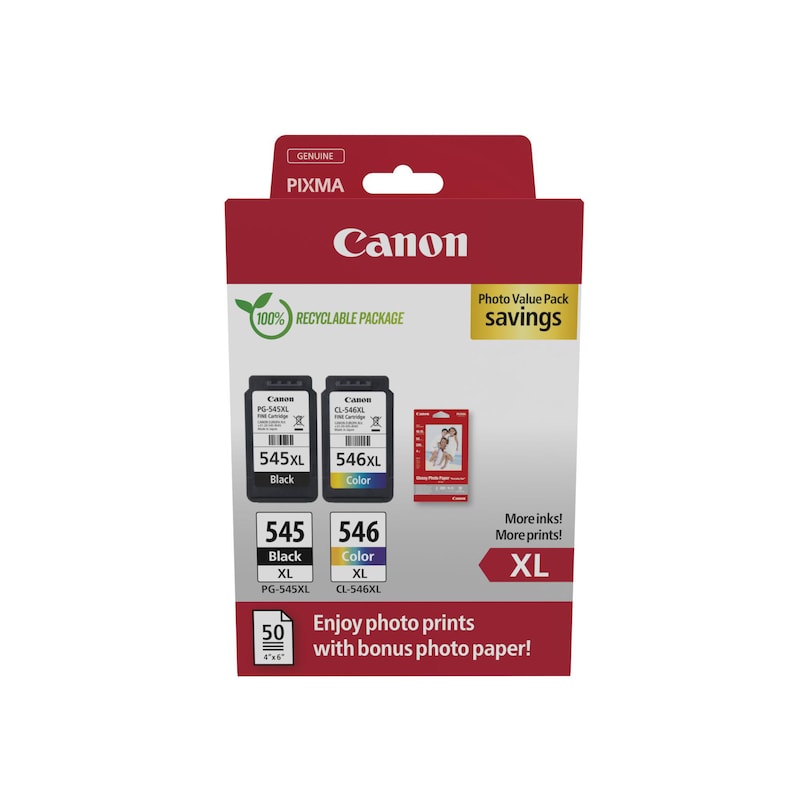 Canon PG545XL BK / CL546XL C/M/Y Tintenpatronen + Fotopapier Value Pack 8286B012