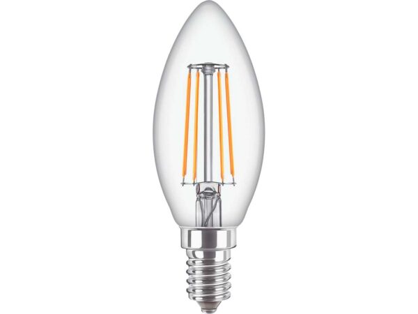 In dieser LED-Glühfaden-Kerzenlampe vereinen sich langlebige Technologie und klassisches Design. Da das Leuchtmittel im Vergleich zu herkömmlichen Lampen Energie einspart