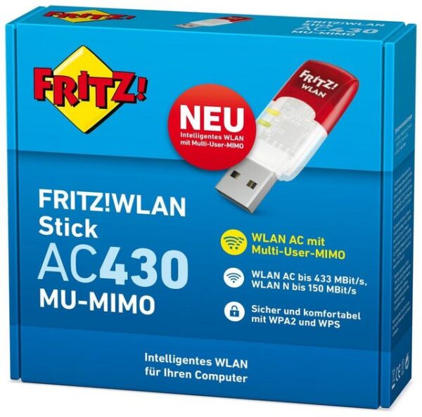 Der FRITZ!WLAN Stick AC 430 MU-MIMO verbindet Ihren Computer über innovatives und intelligentes WLAN mit der FRITZ!Box und anderen WLAN-Routern. Neben dem neuen WLAN AC beherrscht der Stick alle gängigen WLAN-Standards Frequenzbänder und Verschlüsselungen. Dank der neuen Technologie Multi-User MIMO können Router Daten auch gleichzeitig mit mehreren Geräten austauschen. So wird die Kapazität im gesamten WLAN gerade beim gleichzeitigen Einsatz mehrerer Geräte besser genutzt. Die kompakte Bauform des Sticks die besonders einfache Installation und die WPA2-Funkverschlüsselung sorgen für kabellosen Surfspaß. Plug&