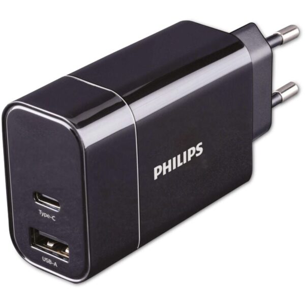 2 Geräte gleichzeitig laden? Mit dem dualen USB-Lader von Philips kein Problem! Mit dem Lader können zwei Geräte mit einem USB-A oder einem USB-C-Anschluss zeitgleich mit Strom versorgt werden. Dank der kompakten Bauform auch ideal für Camping