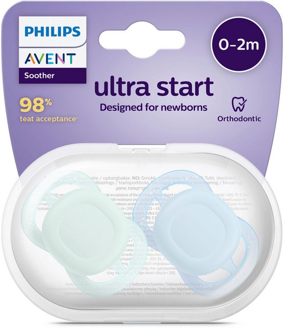 Philips AVENT Schnuller Ultra Start 0 bis 2 Monate SCF075, kiefergerecht geformter Sauger aus Silikon, inkl. Sterilisationsbox