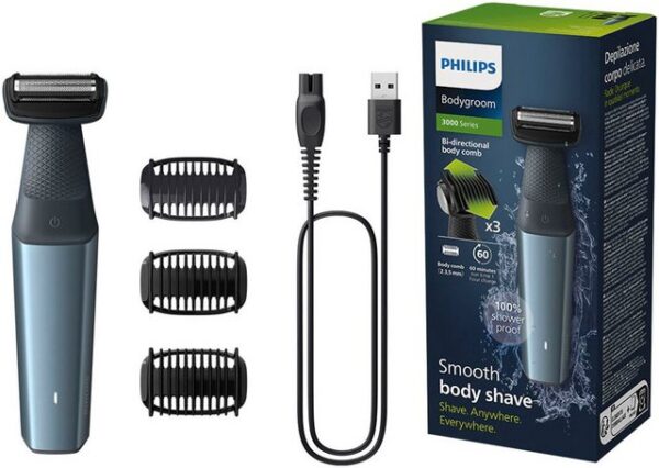 Eine sanfte Körperpflege auch an sensiblen Stellen bietet der hochwertig verarbeitete Philips Bodygroom Series 3000 wasserfeste Trimmer für Körper und Intimbereich BG3027/05. Durch den bidirektionalen Trimmer und Kammaufsatz ermöglicht er ein müheloses Trimmen in beide Richtungen. Für mehr Kontrolle beim Rasieren ist der langlebige und robuste Rasierer mit einem ergonomischen Griff ausgestattet. Um die Haut vor Schnittverletzungen zu schützen