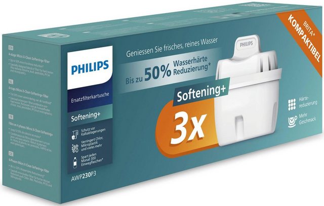 Philips Kalk- und Wasserfilter Micro X-Clean Softening, Zubehör für BRITA** MAXTRA**, MAXTRA+**, PerfectFit** und vielen anderen ovalen Filterkannen sowie ovale Philips Filterkannen., 3er Set