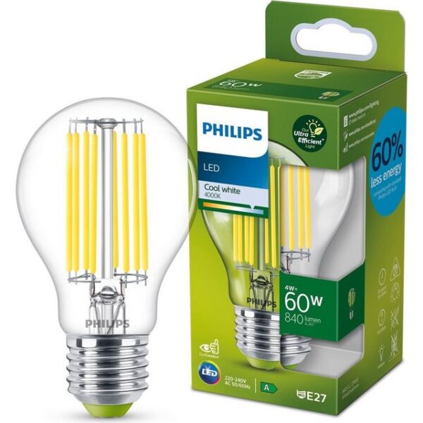 Hersteller: Philips EAN: 8719514343801 Eigenschaften: Sockel: E27 Spannung: 230V Wattleistung: 4 W Vergleichbar mit einer Glühlampe: 60 W Lichtleistung: 840 lm Farbe: Neutralweiß Farbtemperatur: 4000K Lebensdauer der Lampe: 50.000h Anzahl der Schaltzyklen: 50.000 Abstrahlwinkel: 360° Color Rendering Index (CRI): 80 Energieeffizienzklasse: A Energieverbrauch:  4 kWh pro 1.000 Std. Abmessungen Höhe:  105 mm Breite:  60 mm