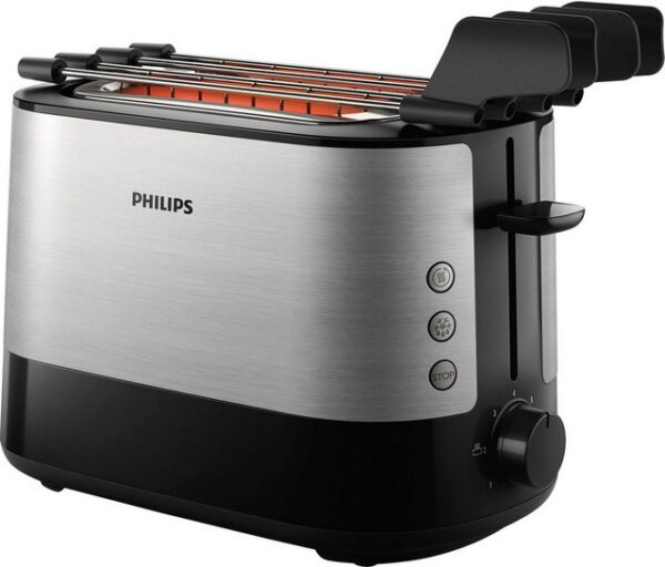 Für köstliche Sandwichs mit einem gleichmäßigen Röstergebnis ist der Philips Viva Collection Toaster HD2639/90 die perfekte Wahl. Durch seinen Aufsatz mit vergrößerbarer Öffnung und optimaler Ausrichtung in der Mitte lassen sich dicke sowie auch dünne Scheiben toasten. Nach dem persönlichen Geschmack können dabei sieben verschiedene Röstgrade eingestellt werden. Zum Aufwärmen von Gebäck oder Brötchen ist das Gerät mit einem integrierten Brötchenaufsatz ausgestattet. Darüber hinaus verfügt es über eine Aufwärm- und Auftaufunktion zum Toasten von tiefgefrorenem Toast. Dank der herausnehmbaren Krümelschublade ermöglicht der Toaster eine einfache Reinigung.