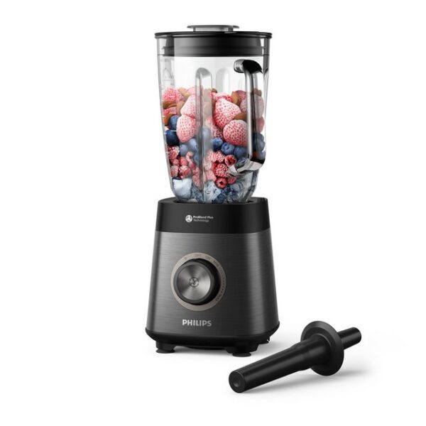 Der hochwertig verarbeitete Philips 5000 Series Standmixer HR3040/00 bereitet samtige Smoothies aus gefrorenem Obst mit automatischer Reinigung zu. Ausgestattet ist er mit einem leistungsstarken ProBlend Plus-Motor sowie neuartigen ProBlend Plus-Messern