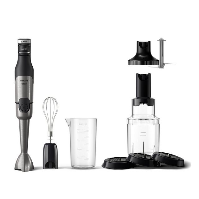 Philips Stabmixer HR2684/00 5000 Series, mit ProMix-Technologie, Becher, 1200 W, Schneebesen, Spiralschneider und XL-Zerkleinerer, Edelstahl/Schwarz